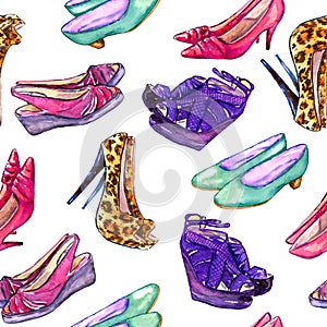 Modern ladies shoes: wedge, slingbacks, stilettos, court shoes and kitten heel, hand painted watercolor illustration photo