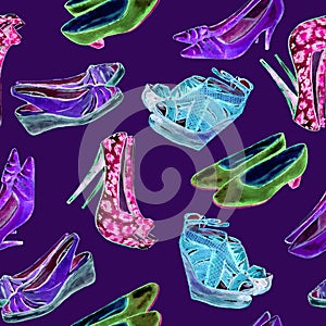Modern ladies shoes: wedge, slingbacks, stilettos, court shoes and kitten heel in pink, green, blue neon colors palette photo