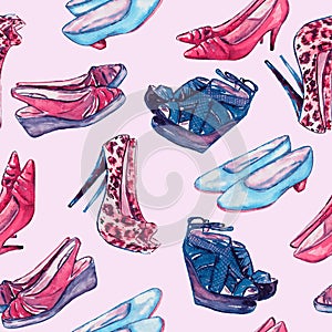 Modern ladies shoes: wedge, slingbacks, stilettos, court shoes and kitten heel in red and blue colors palette