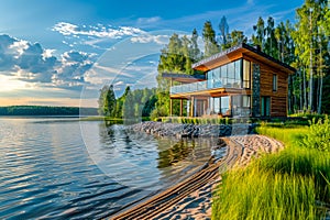 Modern lake house and forest under blue sky