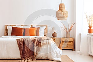 modern lamp home fall decor interior rattan design pillow bed orange. Generative AI.