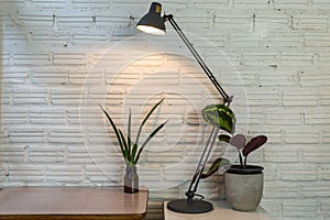 Modern lamp and pot on the desk on white wall background