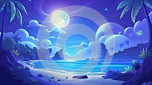 This is a modern landing page with a cartoon summer landscape with sea, coastline, clouds in the midnight sky. A travel