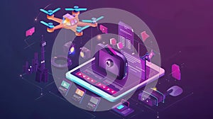 Modern landing page with isometric illustration of digital tablet with video maker app, software for montage movies and