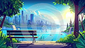 Modern landscape with city park bench and river in the background. Seaside resort and skyline with a sunset on the