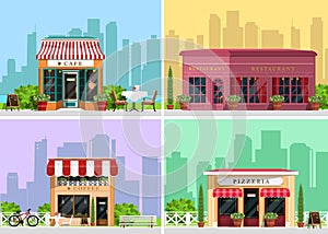 Modern landscape set with cafe, restaurant, pizzeria, coffee house building, trees, bushes, flowers, benches, restaurant tables.