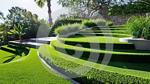 Modern Landscaped Garden with Lush Greenery and Curved Steps. Generative ai