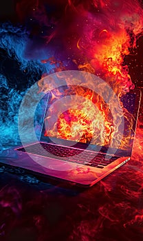 modern laptop burning, pc emergency and accident concept, data and information loss background