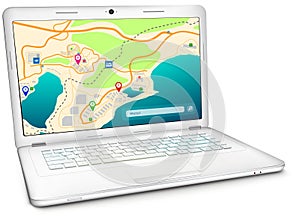 Modern laptop with city map on display