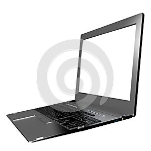 Modern laptop closeup on white background.