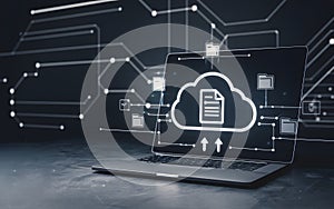 Modern Laptop Cloud Computing Digital File Storage Network Technology Data web files server online upload backup access