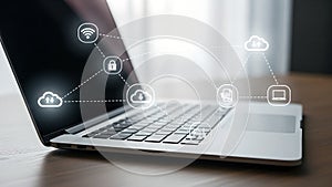 Modern Laptop Cloud Computing Network Data Protection Connectivity Wireless Technology Concept