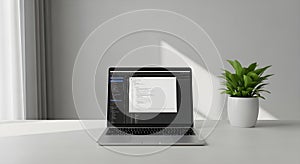 Modern laptop with code on screen on a desk with a plant