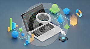 Modern laptop with coffee and abstract data visualizations on a blue background