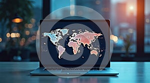 Modern laptop computer with digital world map on screen for global business and technology network concept on desk
