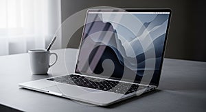 Modern Laptop Computer Open on a Table with a Stylus and Mug technology device