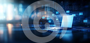 A modern laptop on a digital background showcasing technology and innovation The scene illustrates the connection between