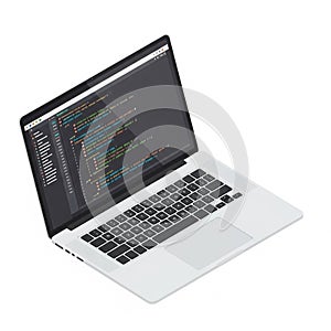 Modern laptop displaying code editor on screen with programming interface