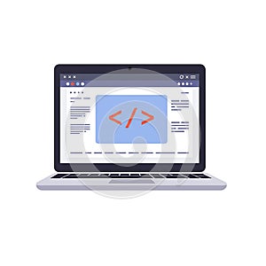Modern Laptop Displaying Code Symbols, Software Development, Web Design Concept