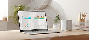 The modern laptop displaying colorful data graphics on a wooden desk. AI generated image