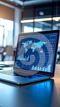 Modern laptop displaying global business analytics and financial data visualizations on screen