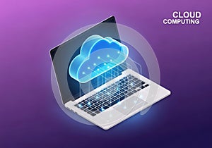 Modern laptop displaying a glowing blue cloud icon symbolizing cloud computing services