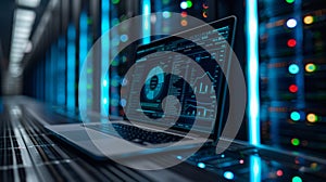 Modern laptop displaying programming code and analytics dashboard in a high-tech data center. Server racks. AI generated