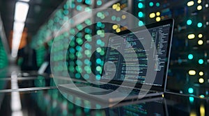 Modern laptop displaying programming code and analytics dashboard in a high-tech data center. Server racks. AI generated