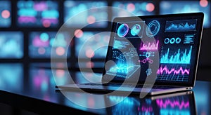 Modern laptop displays complex data visualizations and graphs in futuristic office white background