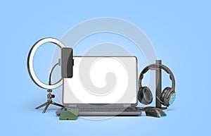 Modern laptop with empty screan and accessories for streaming 3d render image on blue