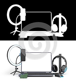 Modern laptop with empty screan and accessories for streaming 3d render image on white with alpha