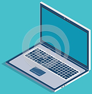 Modern laptop isolated on blue background. Gray gadget electronic device with screen side view