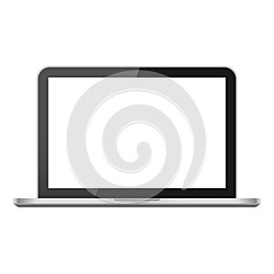 Modern laptop isolated on white background. Realistic silver glossy open notebook. White blank laptop screen with glare. Desktop