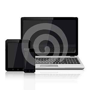 Modern laptop, mobile phone, tablet on a white background