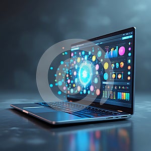 Laptop displaying colorful data visualizations and network connections computer technology