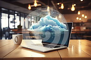 Modern laptop screen showing digital representation of cloud computing technology