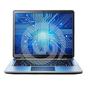 Modern laptop computer displaying a complex circuit board diagram on the screen