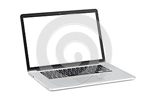 Modern laptop with tilted back white monitor photo