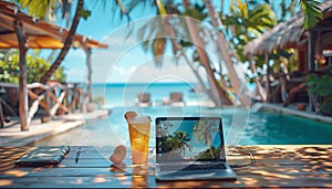 Modern laptop on wooden table in Tropic island restaurant with swimming pool. Digital nomads lifestyle, remote working, blogging,