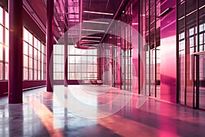 Modern large hall in pink tones with glass windows and sunlight. Futuristic exhibition hall. Generative AI