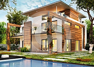 Modern large house with lighting and pool