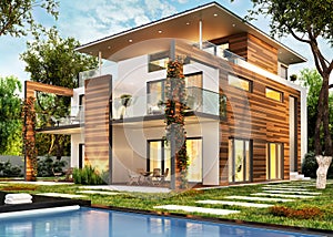 Modern large house with lighting and pool photo