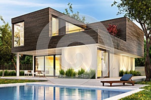 Modern house with pool and evening lighting