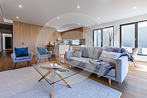 Modern large living room interior of a modern house in Australia.