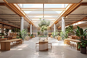 Modern large open space with long tables and stools, adorned with large potted plants, bathed in abundant natural light, with no