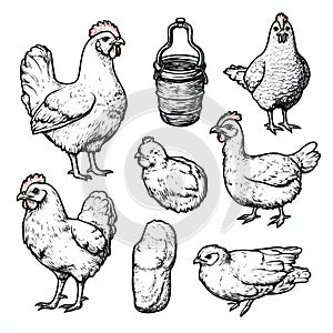 Modern large-scale farm-themed illustration featuring cattle, poultry, and pets set against a landscape backdrop. Nature photo