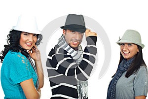 Modern laughing friends with hats