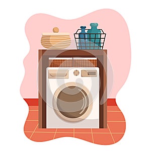 Modern Laundry Room Design With Washing Machine, Detergents In Basket, Equipment. Home Or Hotel Apartment