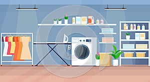 Modern laundry room interior with washing machine wooden shelves hanger ironing board horizontal flat