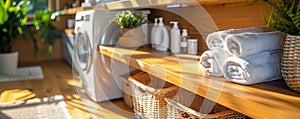 Modern Laundry Room Interior with Wooden Shelves, Washing Machine, and Sunlight